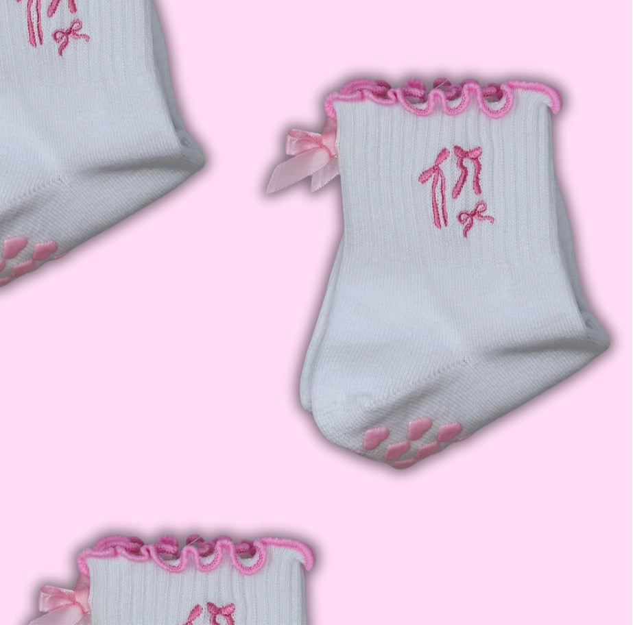 Pink Bow Coquette Grip Sock with Heart Grips