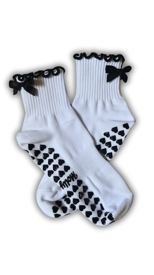 Black & White Bow Grip Sock with Heart Grips